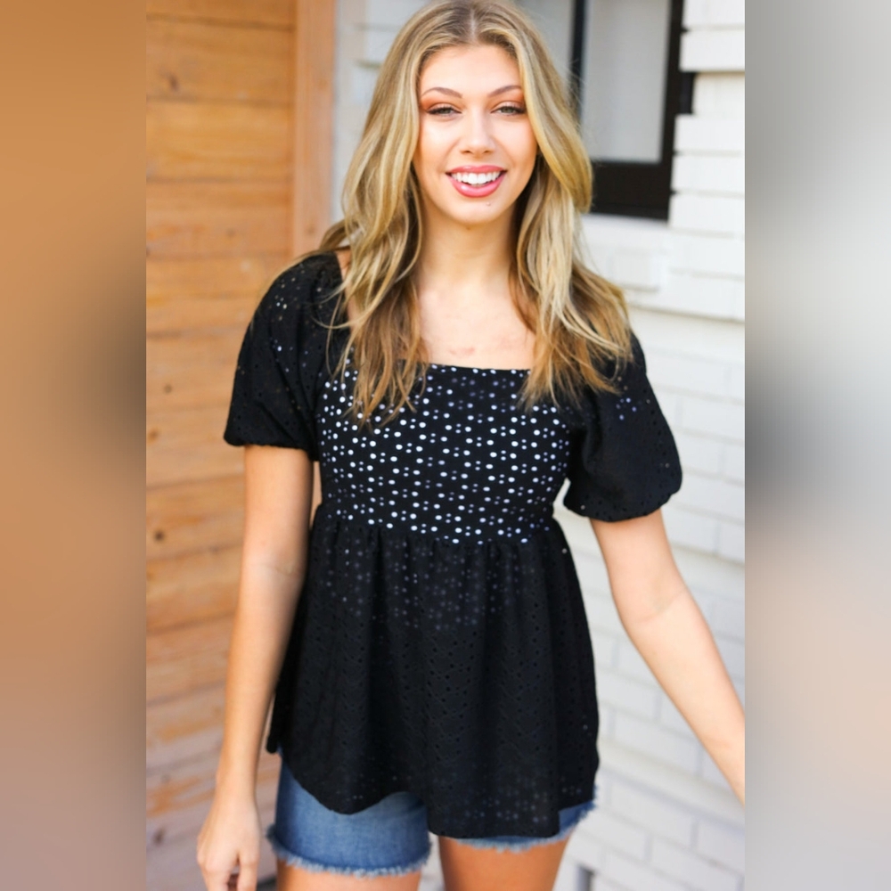 💥NEW Midnight Eyelet Puff Sleeve Babydoll Top